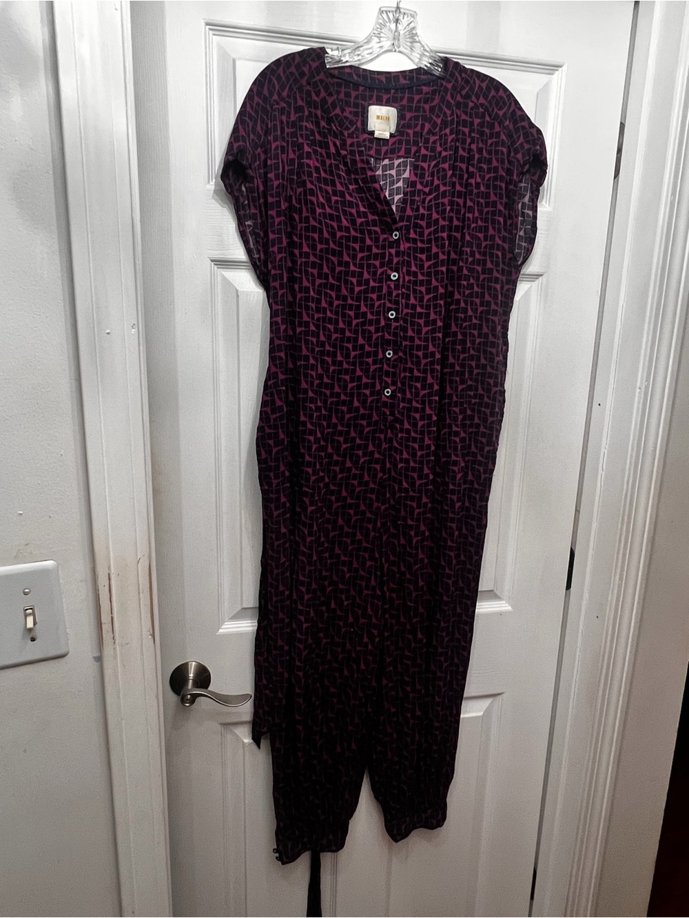 Button-Front Plum Patterned Jumpsuit
